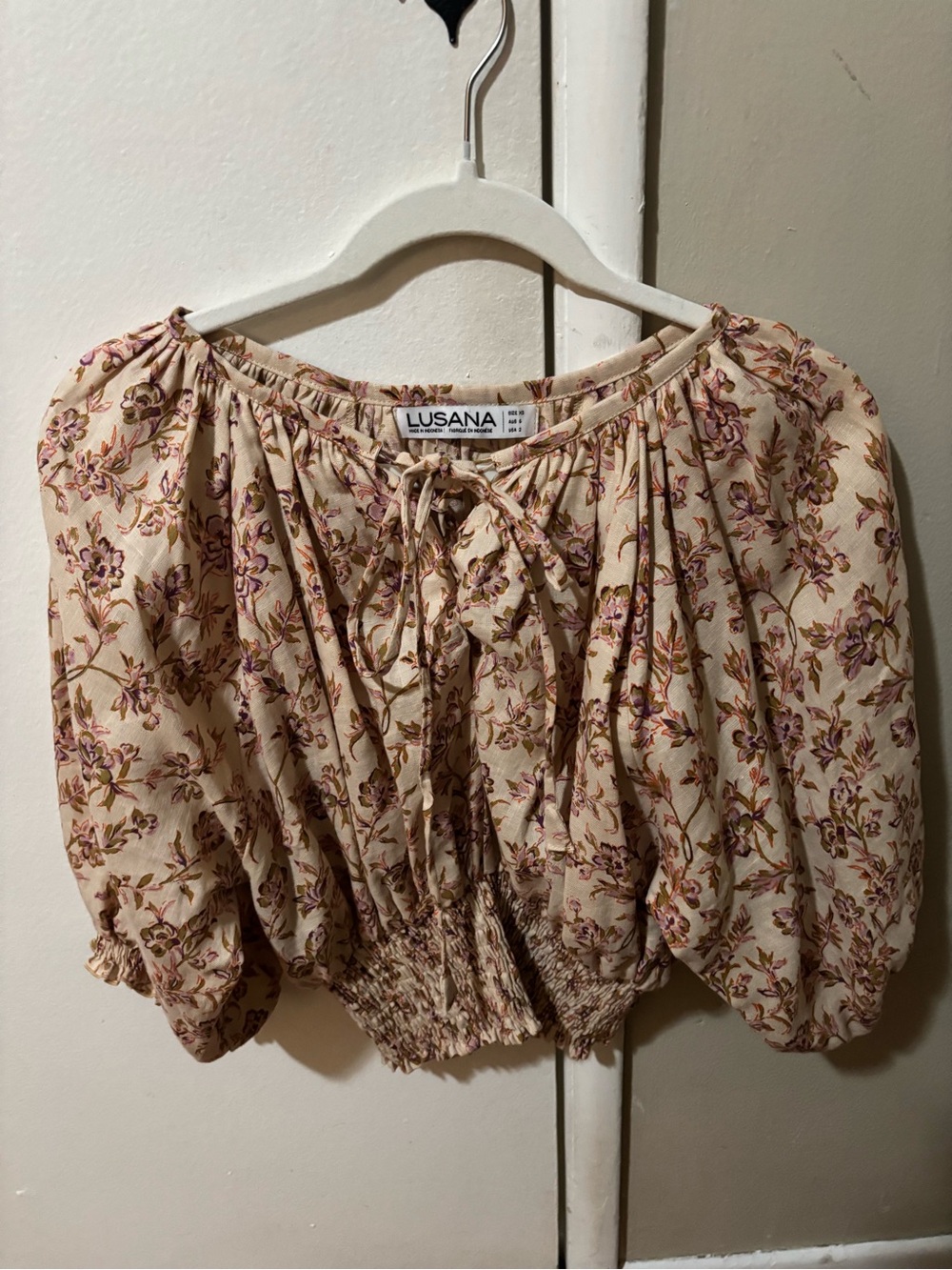 Lusana Cream Floral Tie-Front Peasant Blouse